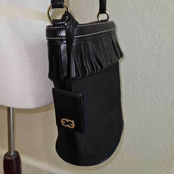 Escada Black Canvas FRINGE Leather Trim Shoulder Bag Interior Snap Closure Inter - Picture 14 of 16